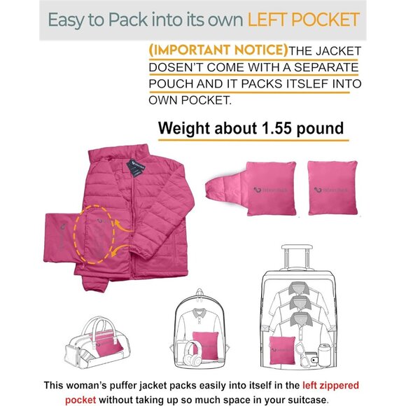 Women's with Hood 32 Degree Lightweight Quilted Winter Puff Foldable Jacket Pink - Picture 5 of 7
